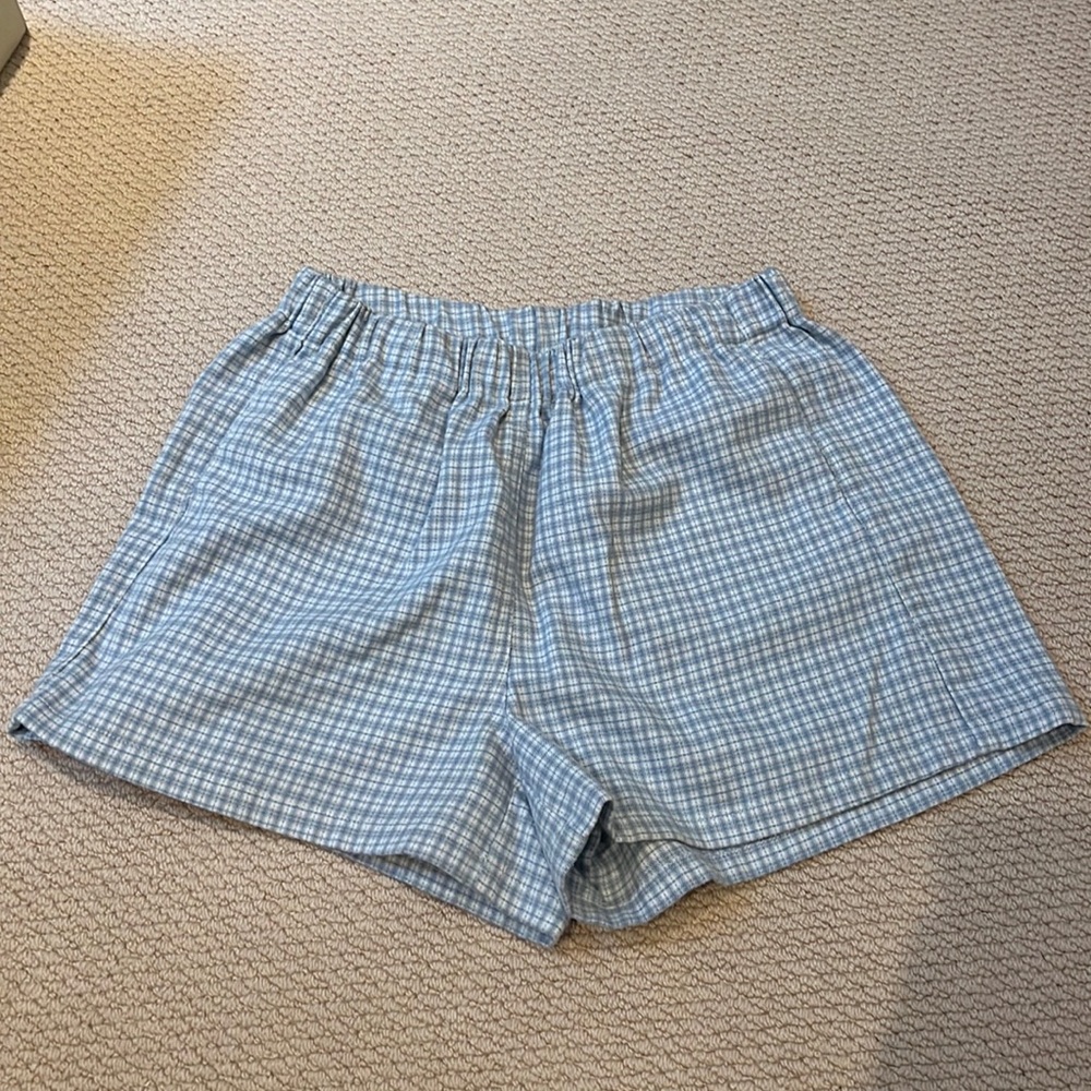 Brandy Melville blue plaid boxer—style shorts